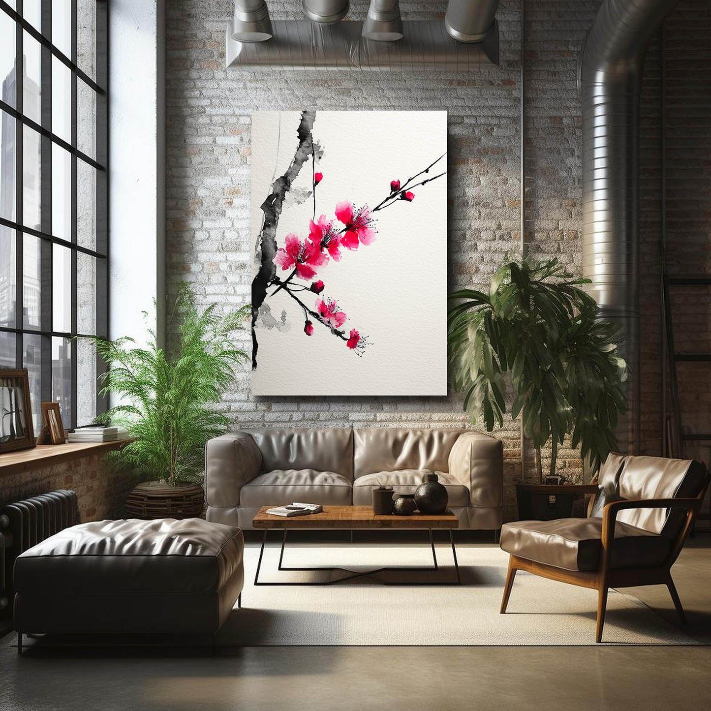 Ink Plum Sprig Cherry Blossom Canvas – styled in a furnished interior