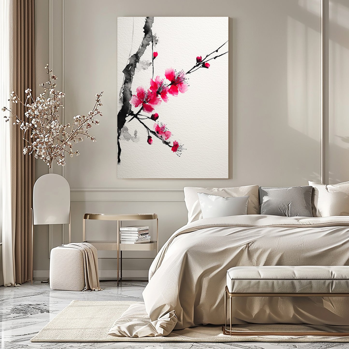 Ink Plum Sprig Cherry Blossom Canvas – styled in a furnished interior