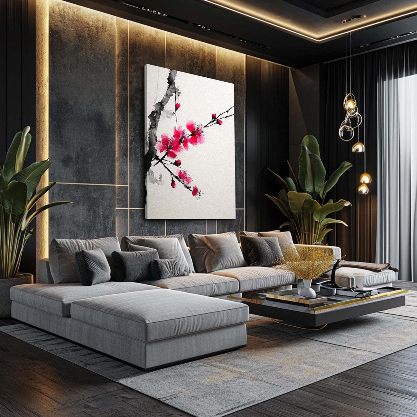 Ink Plum Sprig Cherry Blossom Canvas – styled in a furnished interior