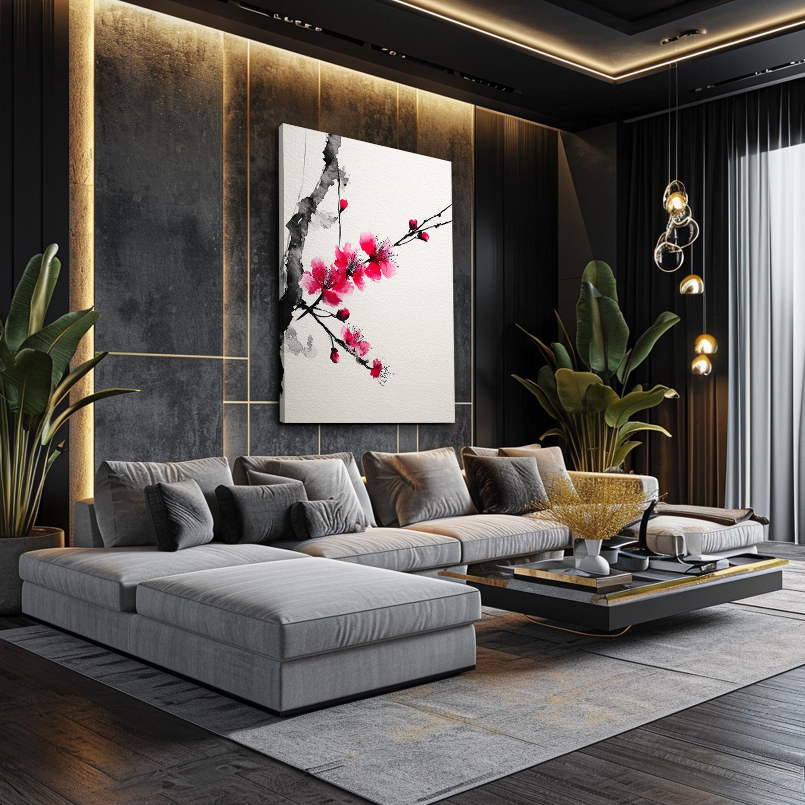 Ink Plum Sprig Cherry Blossom Canvas – styled in a furnished interior