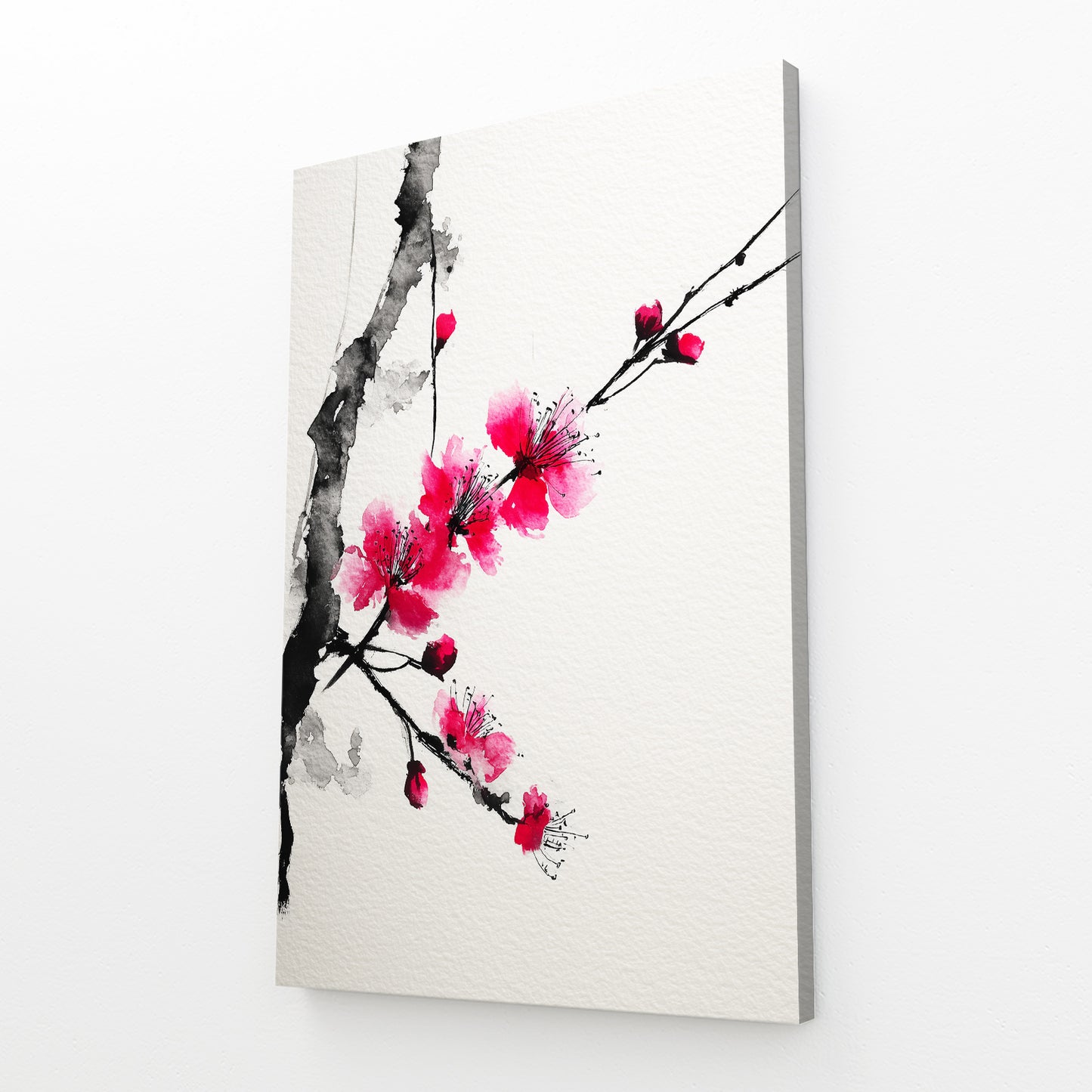 Ink Plum Sprig Cherry Blossom Canvas – angled canvas view on white background