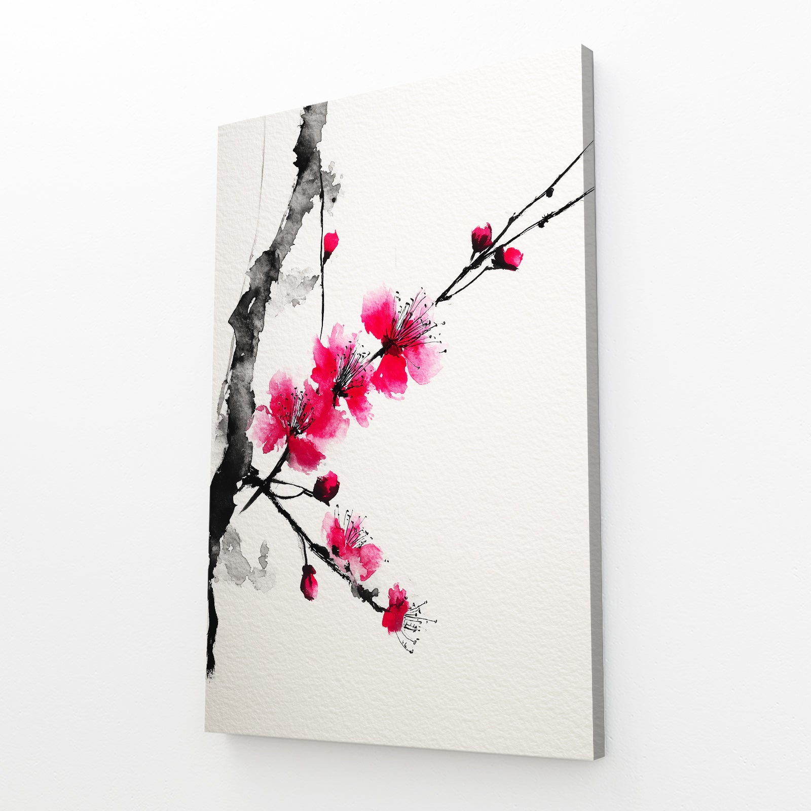 Ink Plum Sprig Cherry Blossom Canvas – angled canvas view on white background