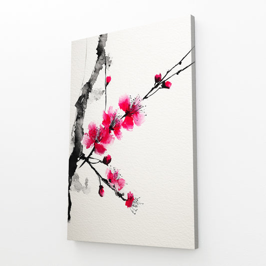 Ink Plum Sprig Cherry Blossom Canvas – angled canvas view on white background