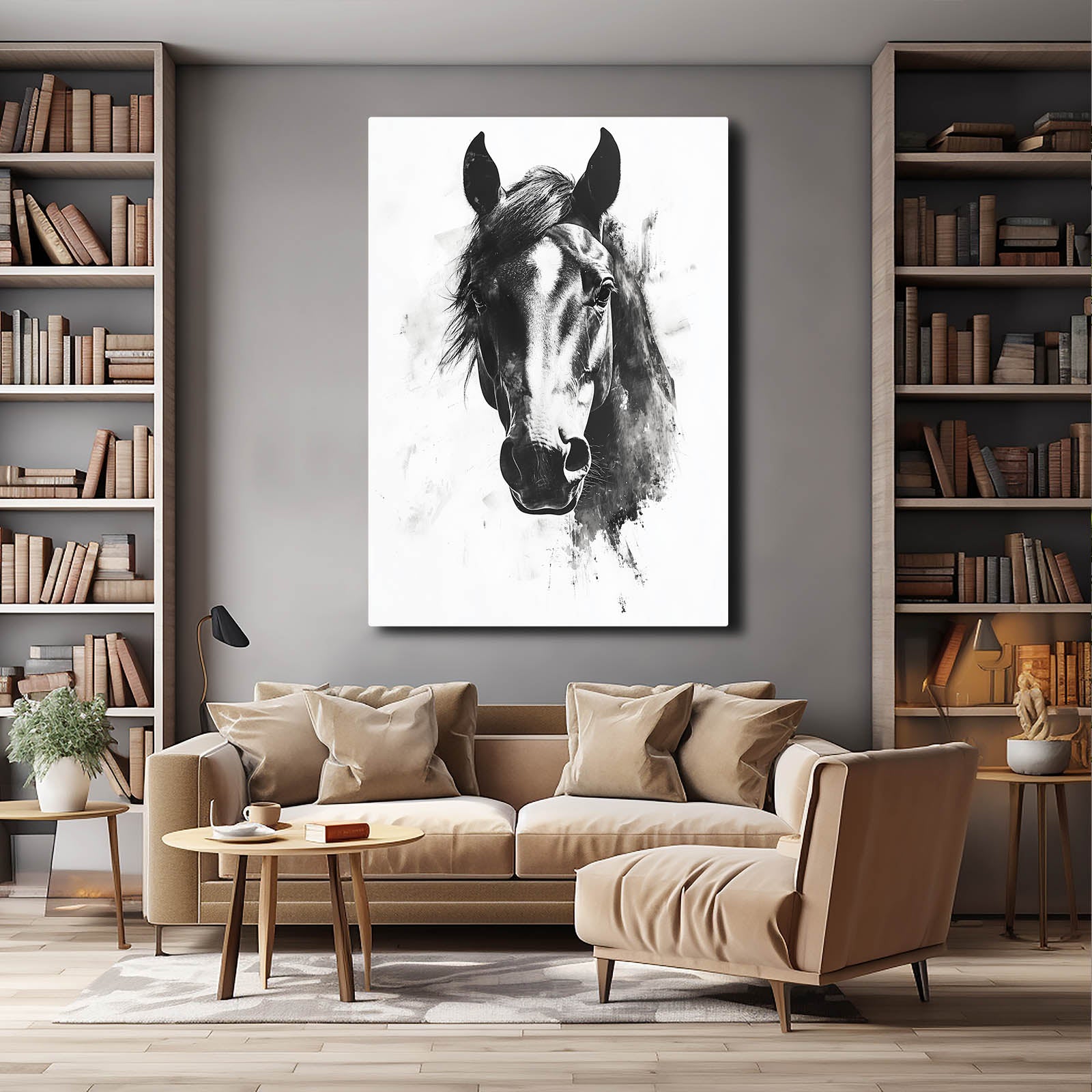 Ink Portrait Sketch Horse Wall Art — line canvas print, styled in a furnished interior