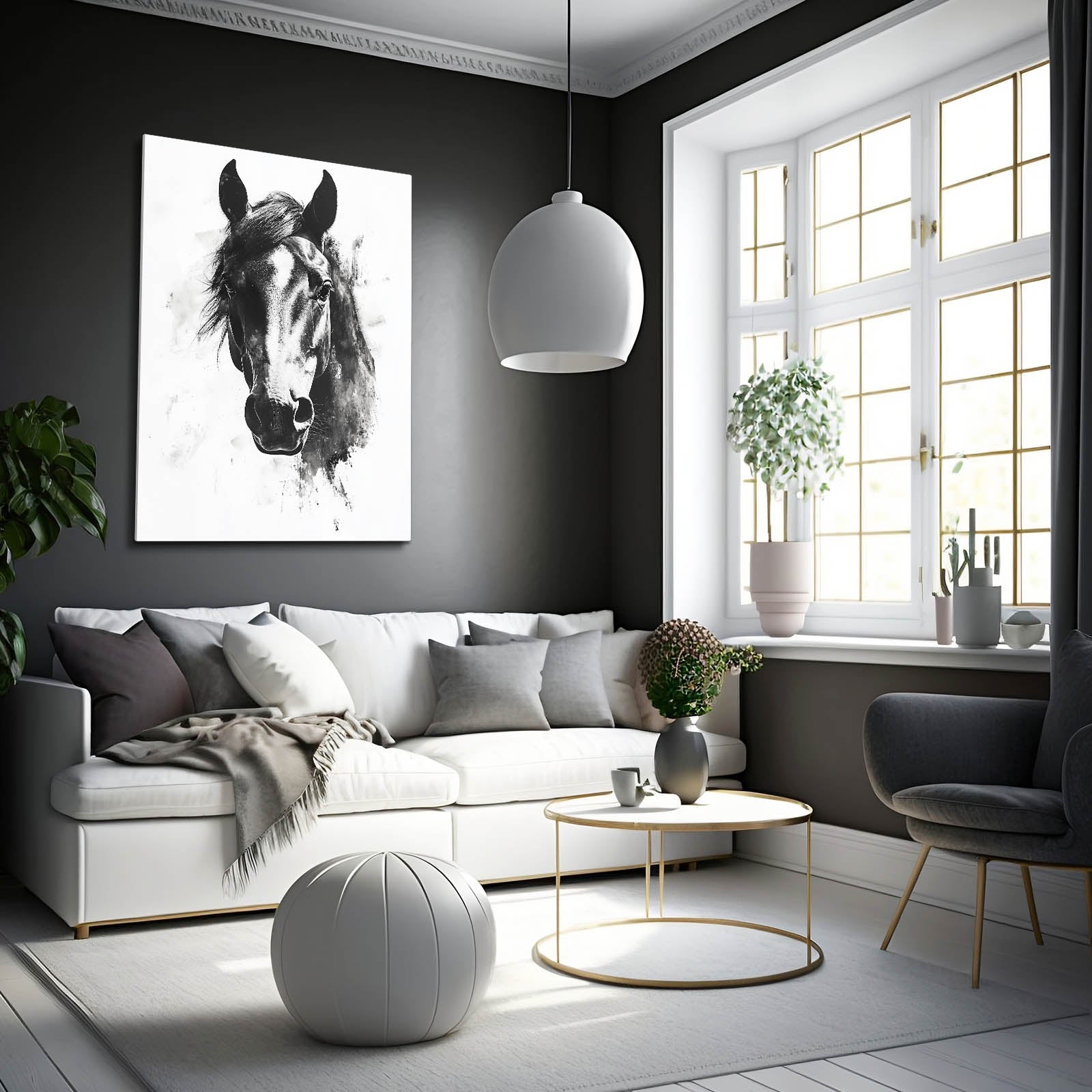 Ink Portrait Sketch Horse Wall Art — line canvas print, styled in a furnished interior