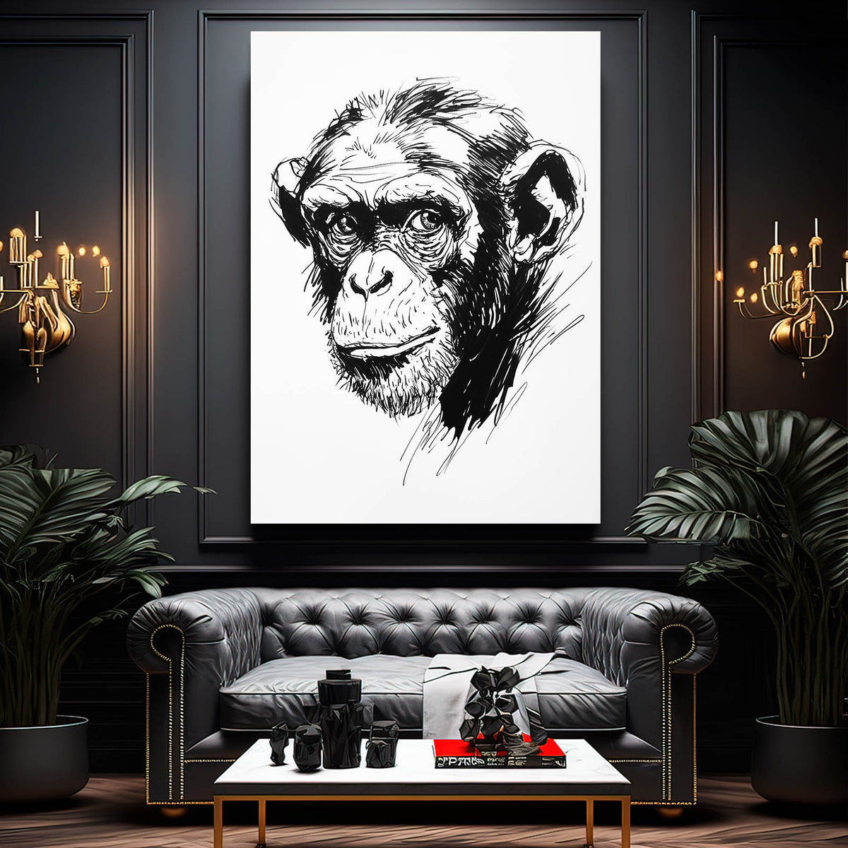 Ink Sketch Head Monkey Canvas — line canvas print, styled in a furnished interior