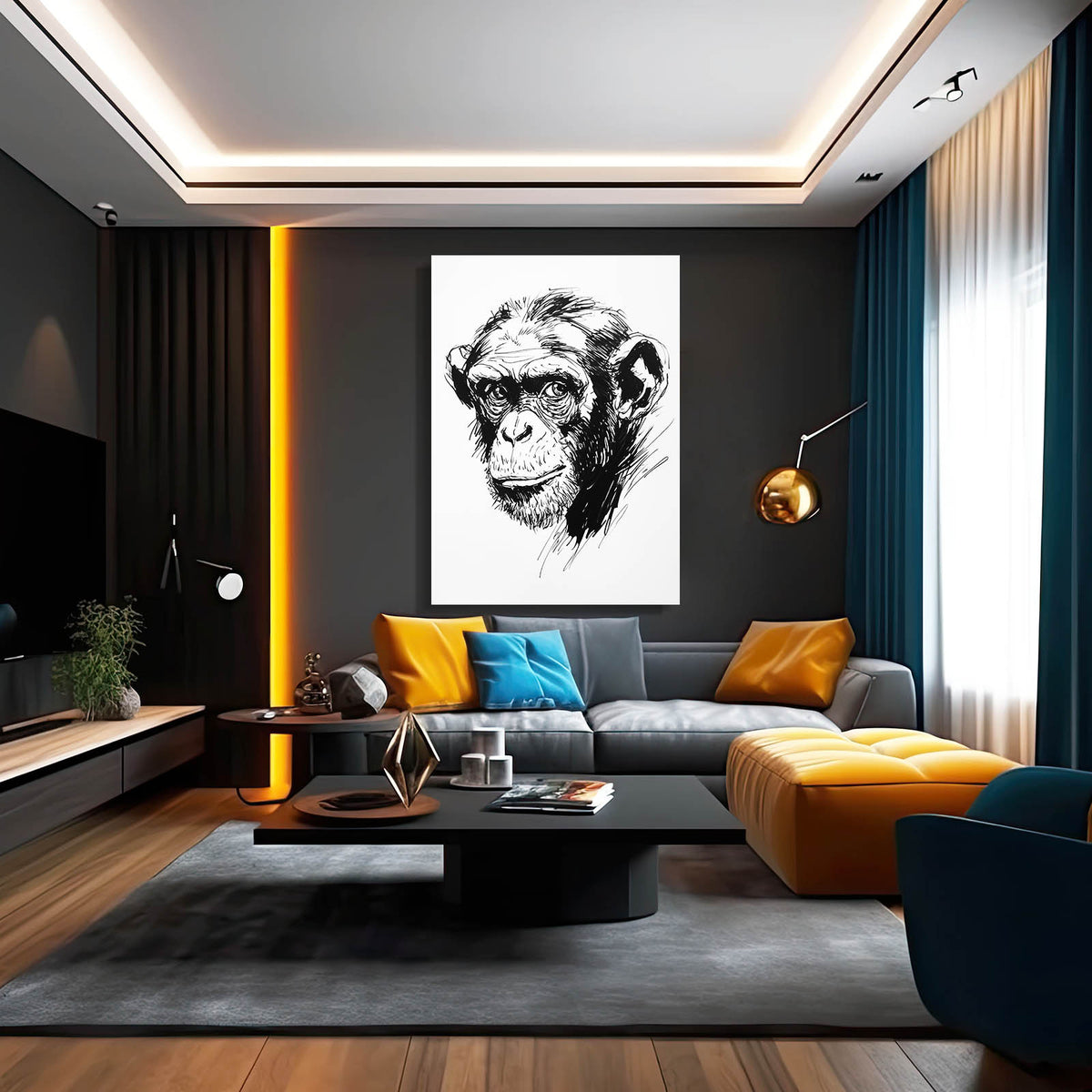 Ink Sketch Head Monkey Canvas — line canvas print, styled in a furnished interior