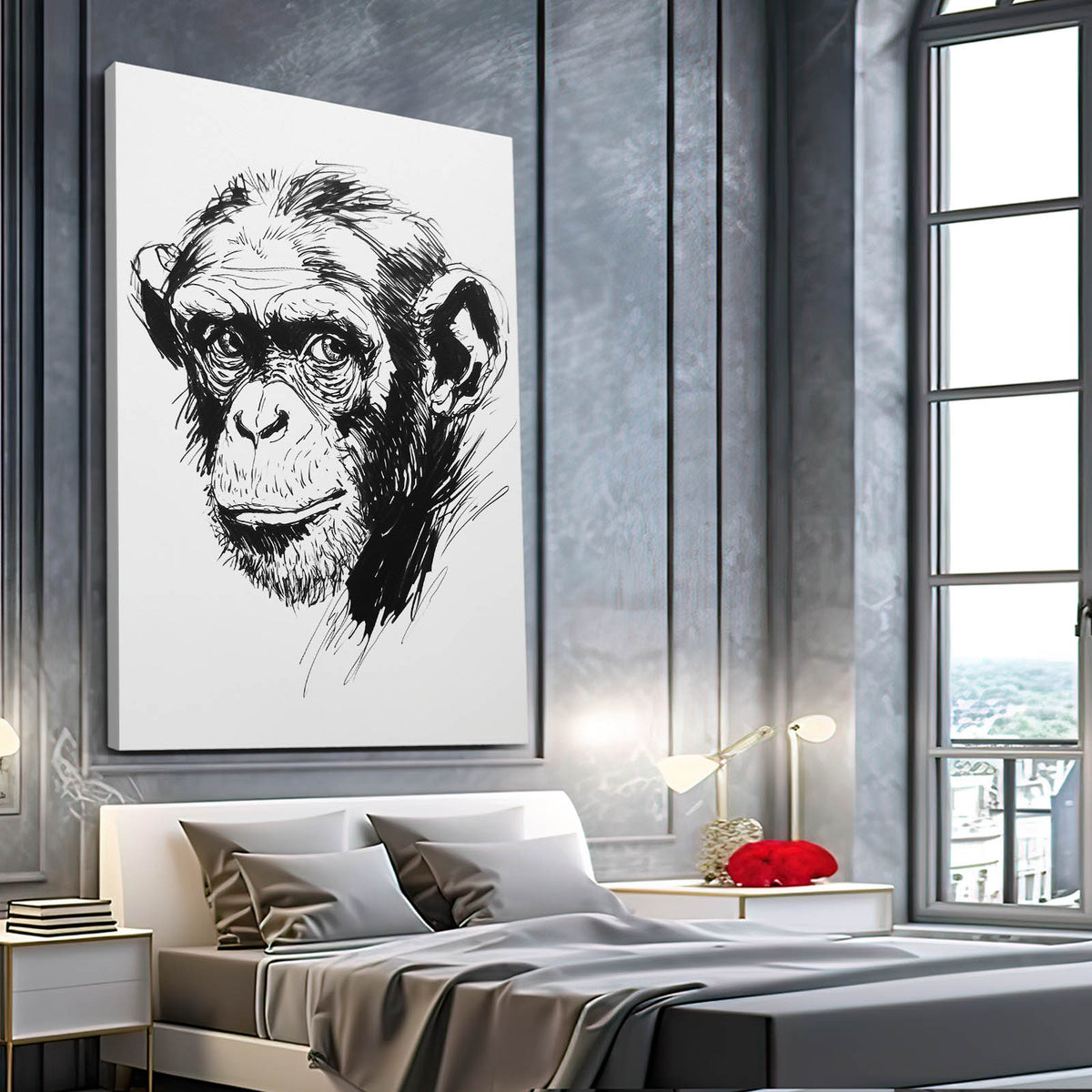 Ink Sketch Head Monkey Canvas — line canvas print, styled in a furnished interior