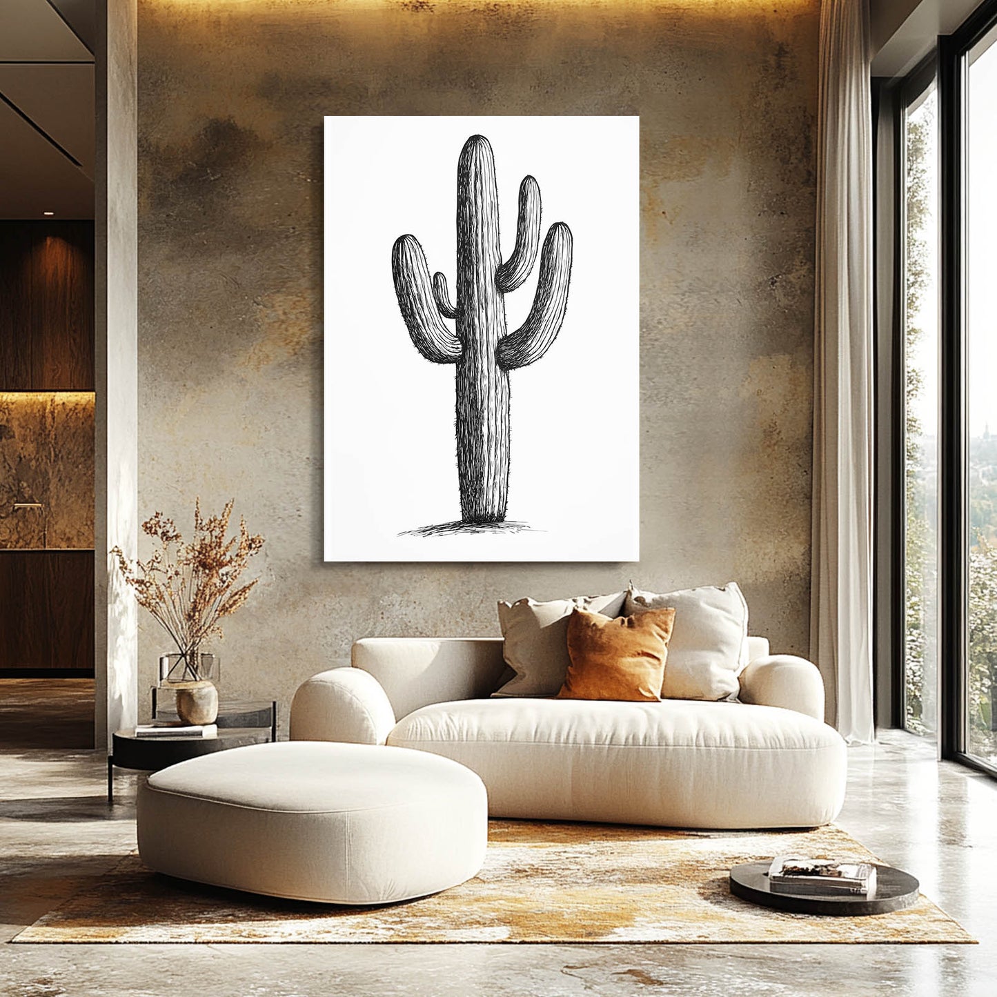 Ink Sketch Outline Cactus Wall Art – styled in a furnished interior