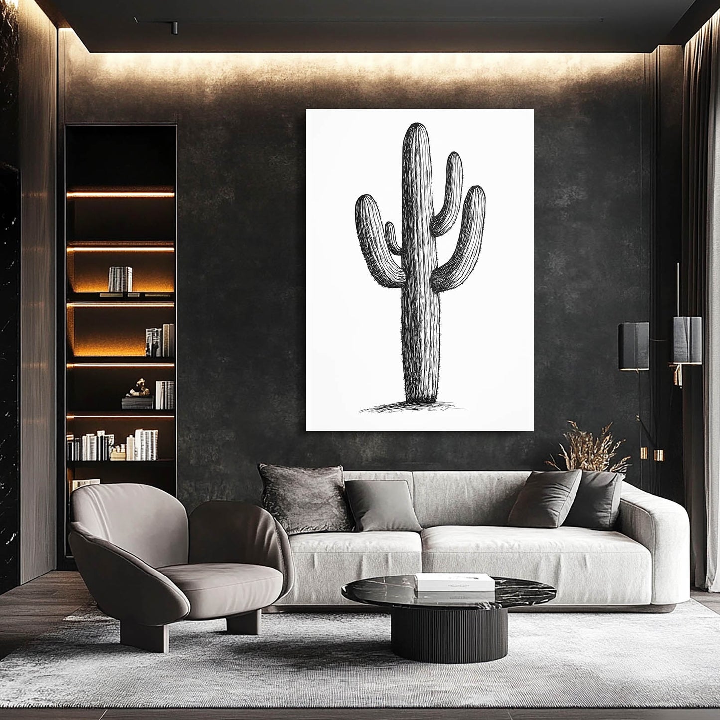 Ink Sketch Outline Cactus Wall Art – styled in a furnished interior