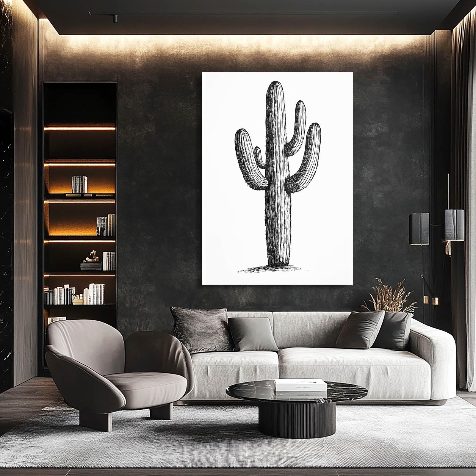 Ink Sketch Outline Cactus Wall Art – styled in a furnished interior