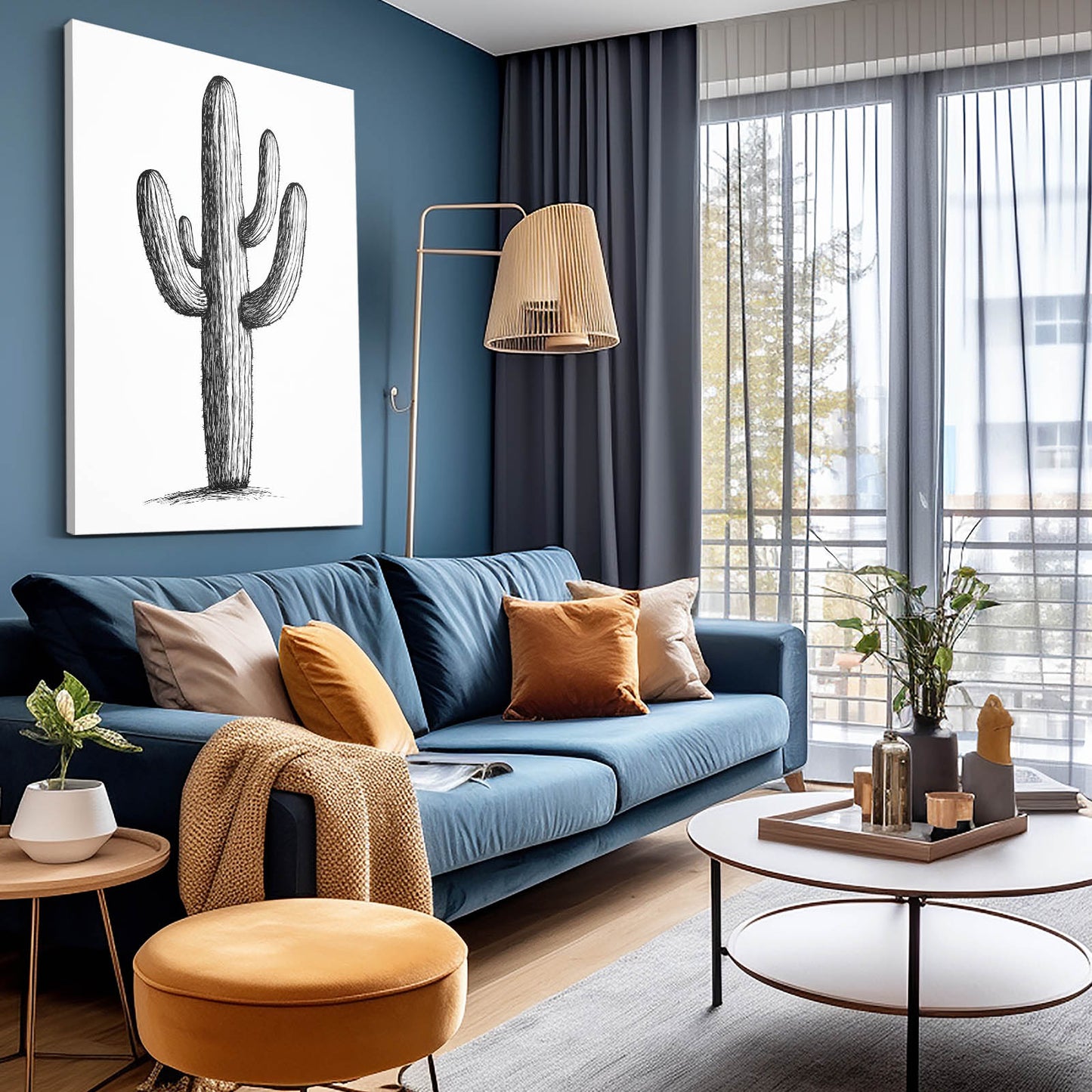 Ink Sketch Outline Cactus Wall Art – styled in a furnished interior