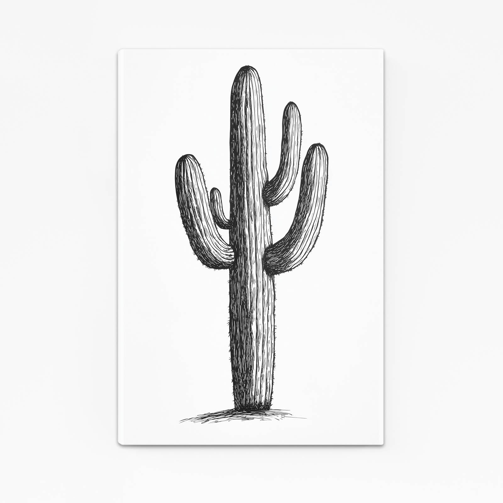 Ink Sketch Outline Cactus Wall Art – angled canvas view on white background