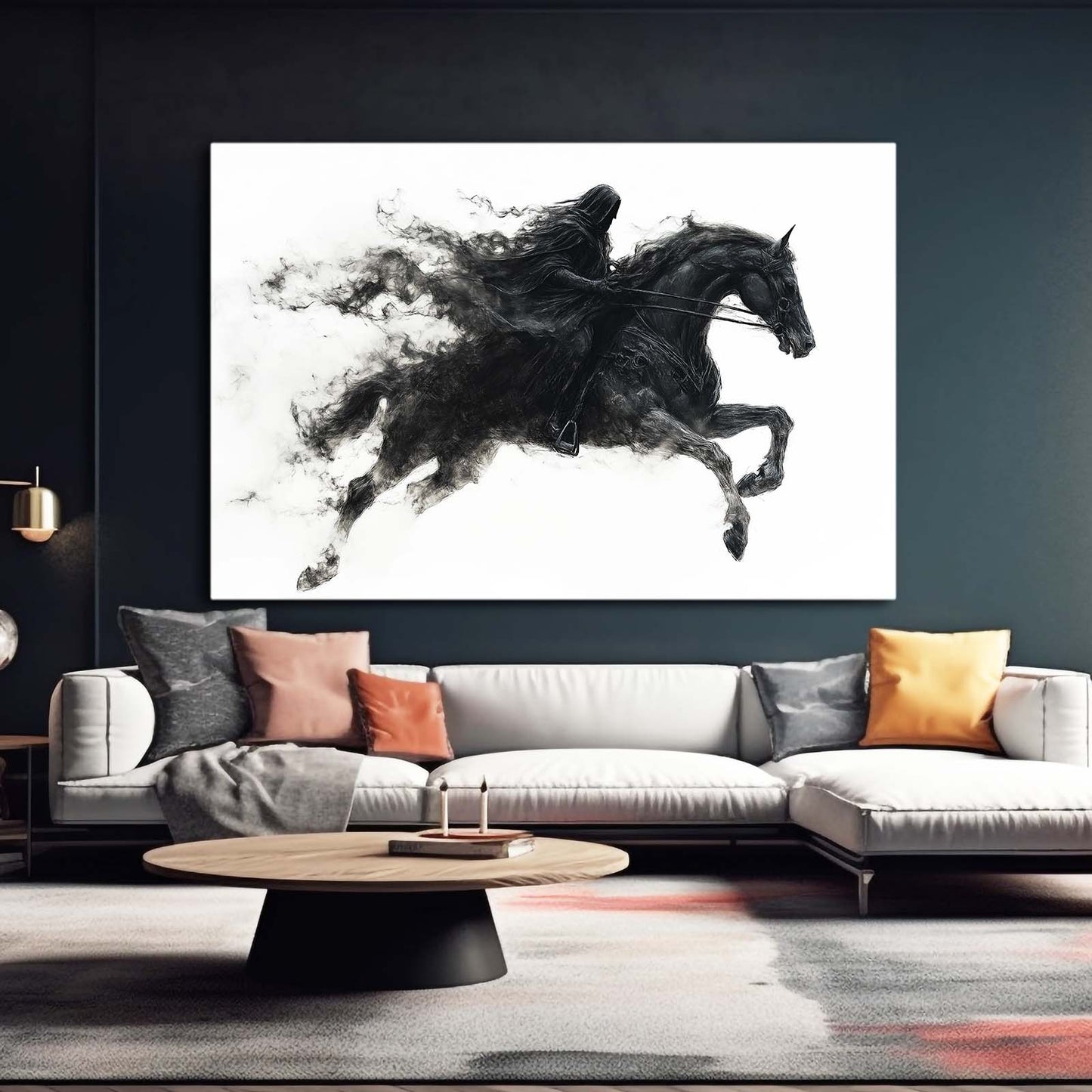 Ink Smoke Leap Horse Prints — contemporary canvas print, styled in a furnished interior