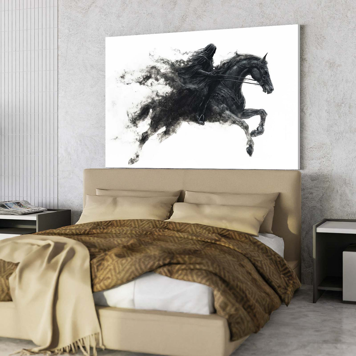 Ink Smoke Leap Horse Prints — contemporary canvas print, styled in a furnished interior