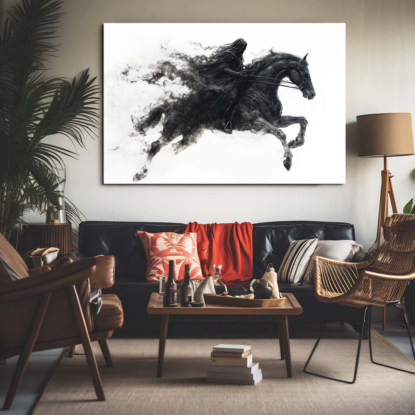 Ink Smoke Leap Horse Prints — contemporary canvas print, styled in a furnished interior