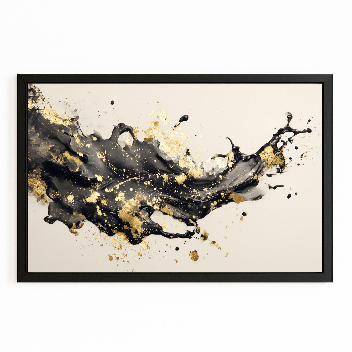 Ink Splash Cascade Gold Wall Decor – with Premium Black frame on white background