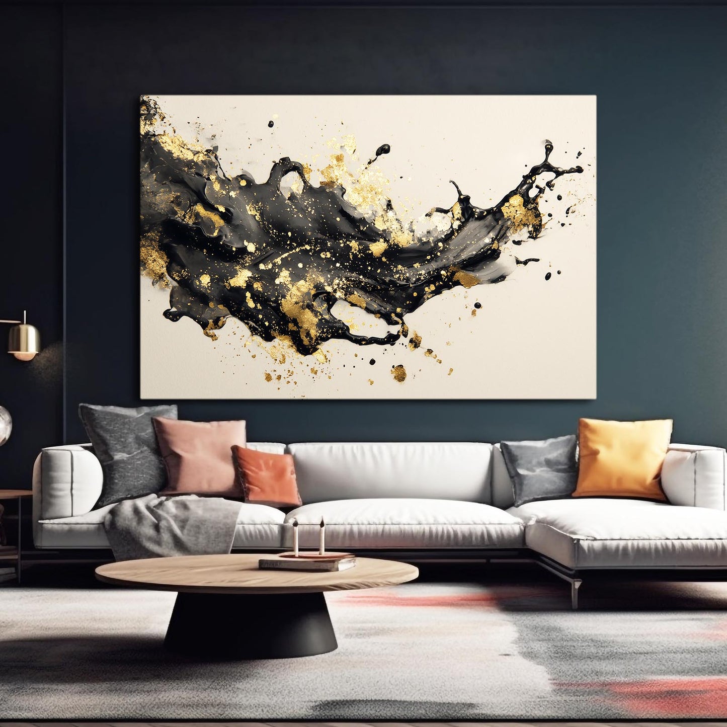 Ink Splash Cascade Gold Wall Decor – styled in a furnished interior