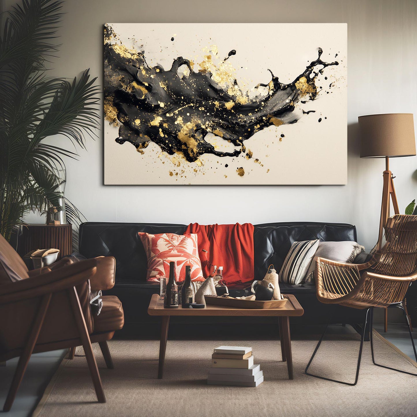 Ink Splash Cascade Gold Wall Decor – styled in a furnished interior