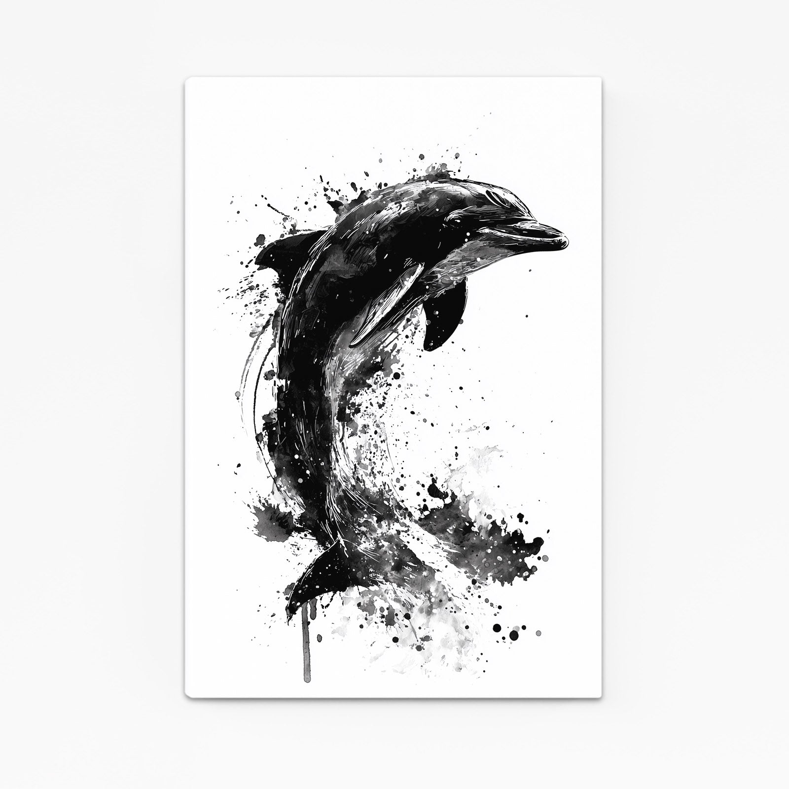 Ink Splash Dolphin Print – dolphin bursting from an expressive black ink splash on white