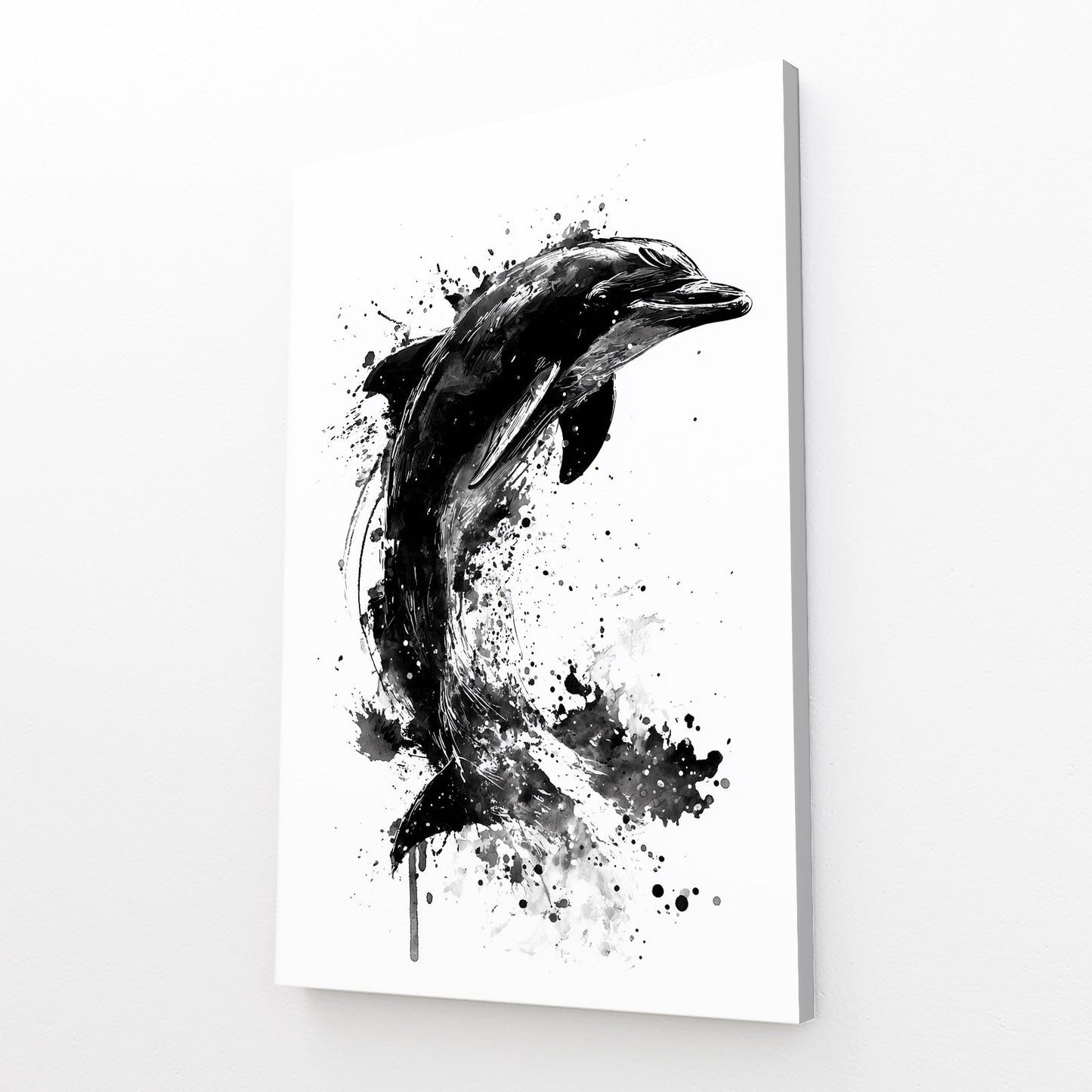 Ink Splash Dolphin Print – angled canvas view on white background
