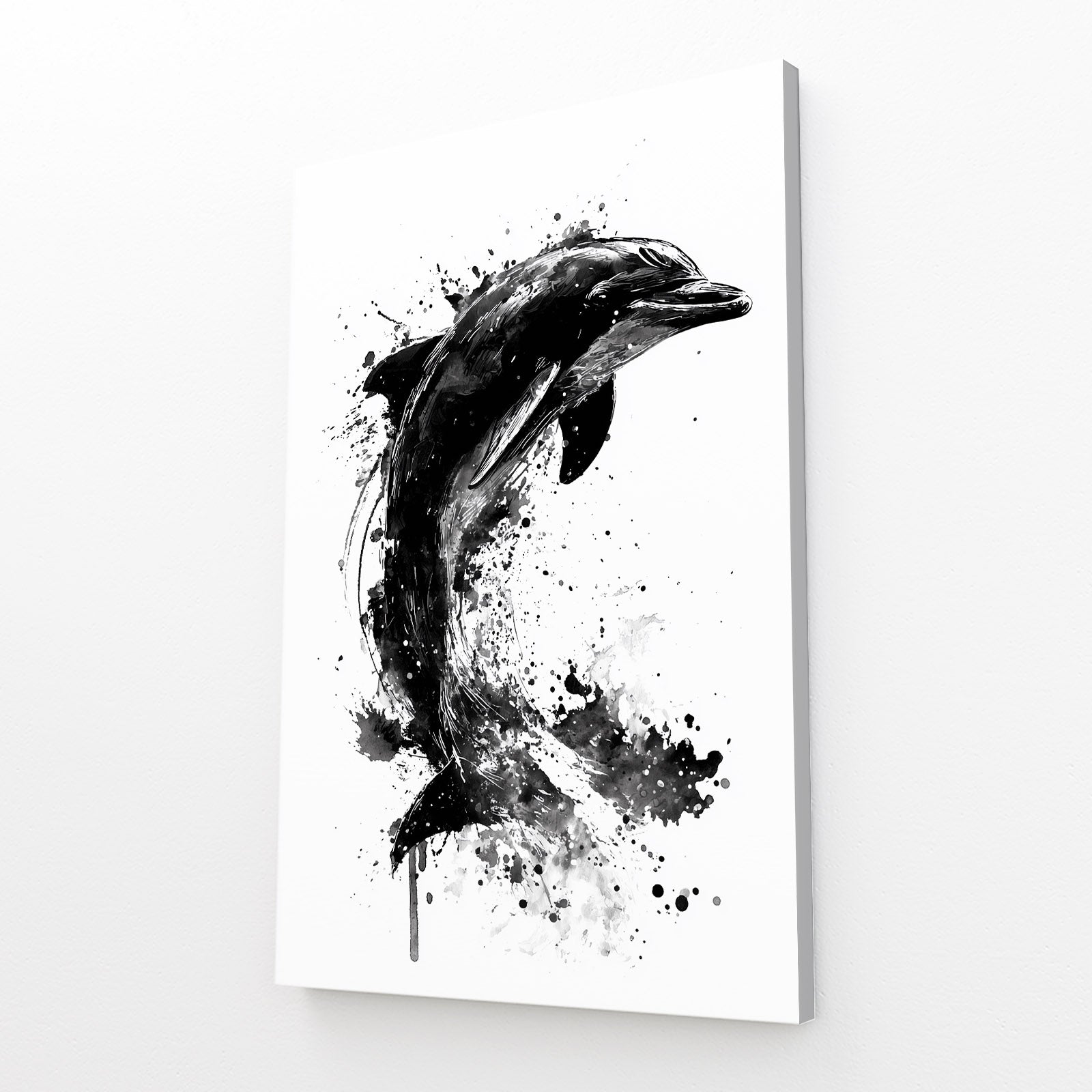 Ink Splash Dolphin Print – angled canvas view on white background