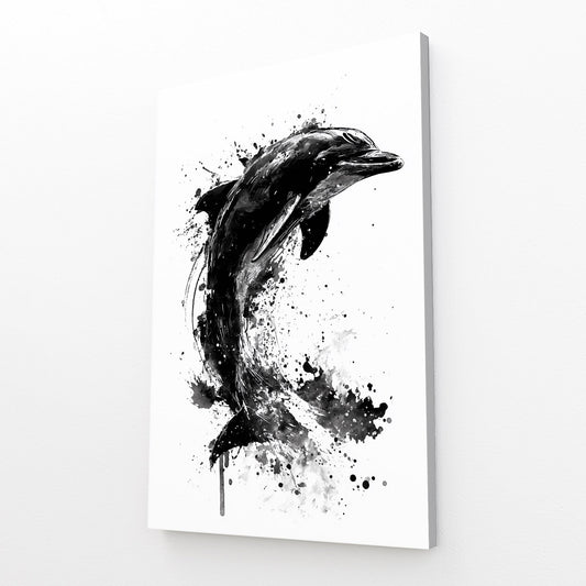 Ink Splash Dolphin Print – angled canvas view on white background