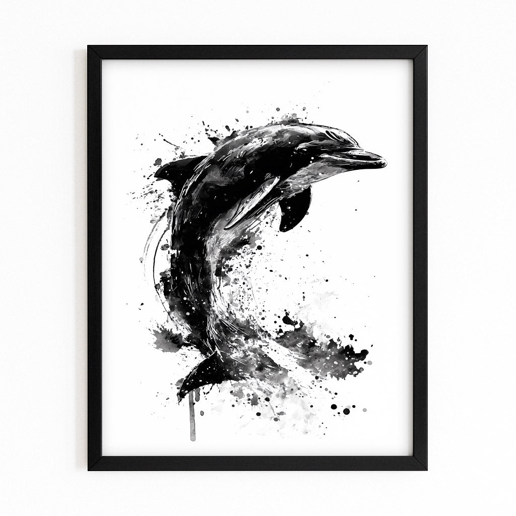 Ink Splash Dolphin Print – with Premium Black wood frame on white background