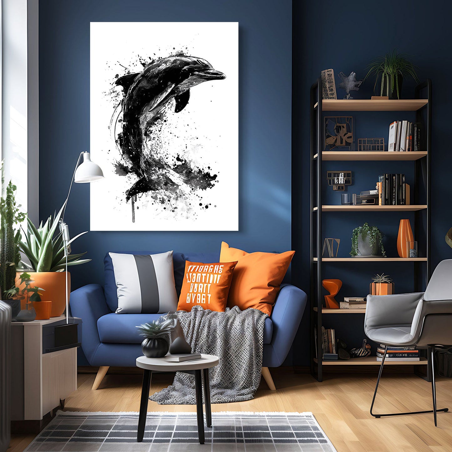 Ink Splash Dolphin Print – styled in a furnished interior
