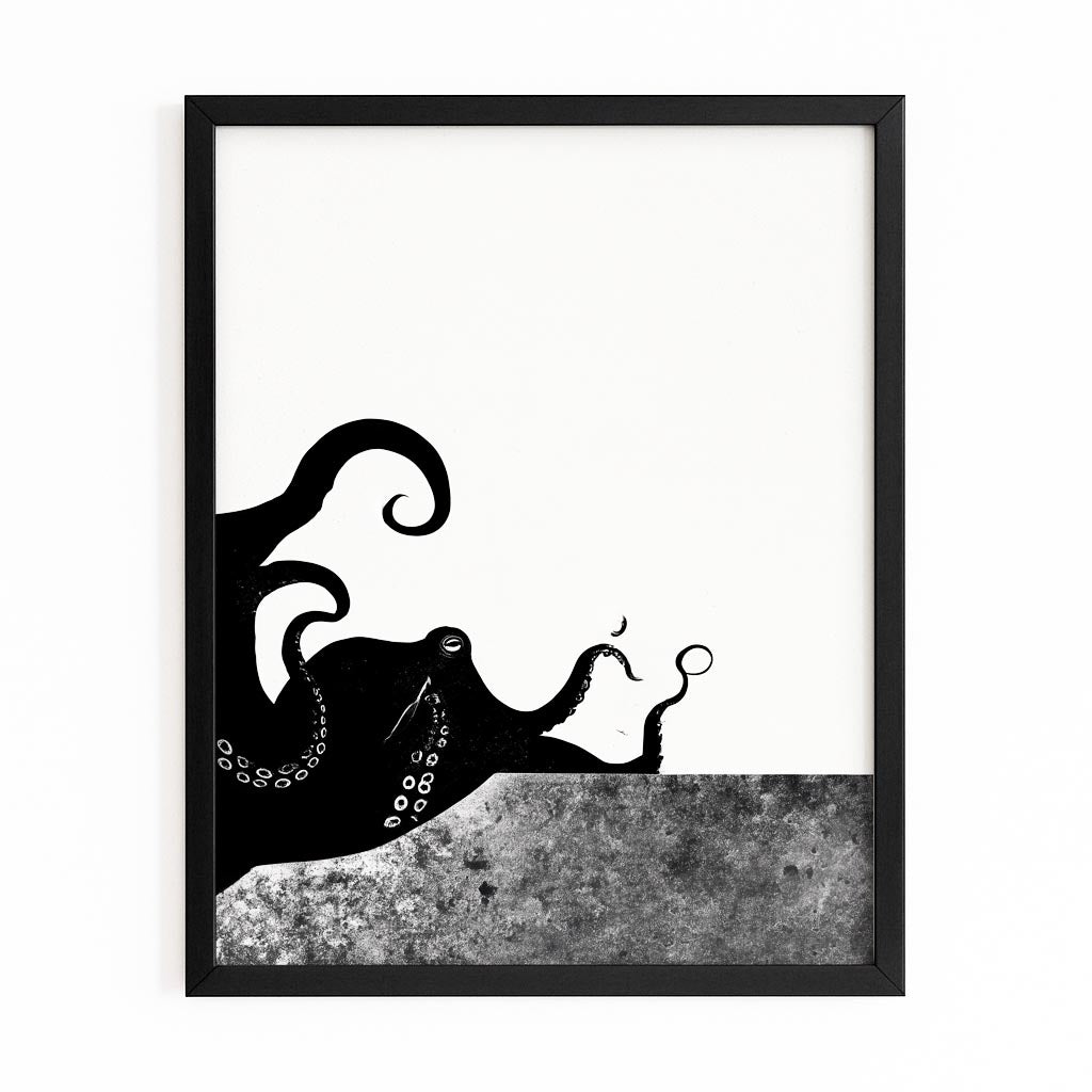 Ink Splash Halves Octopus Art – with Premium Black frame on white background