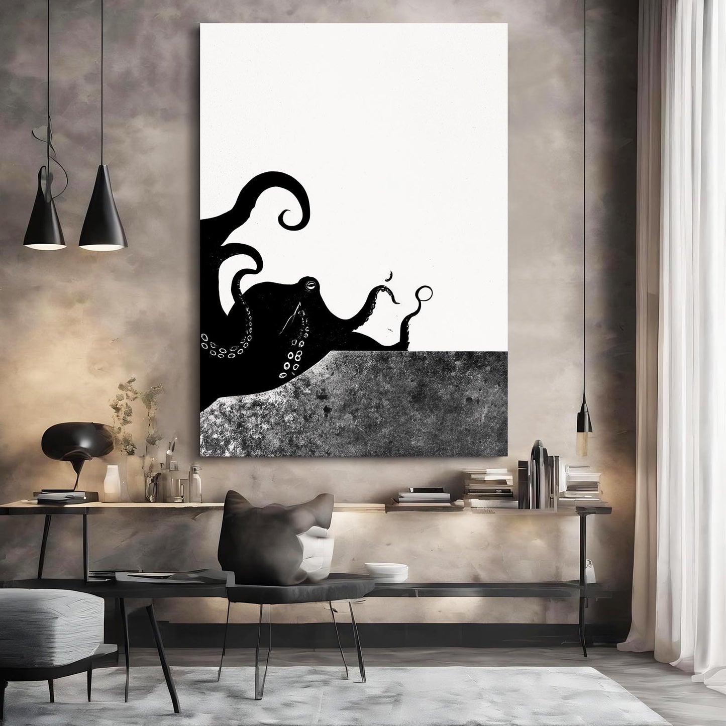 Ink Splash Halves Octopus Art – styled in a furnished interior