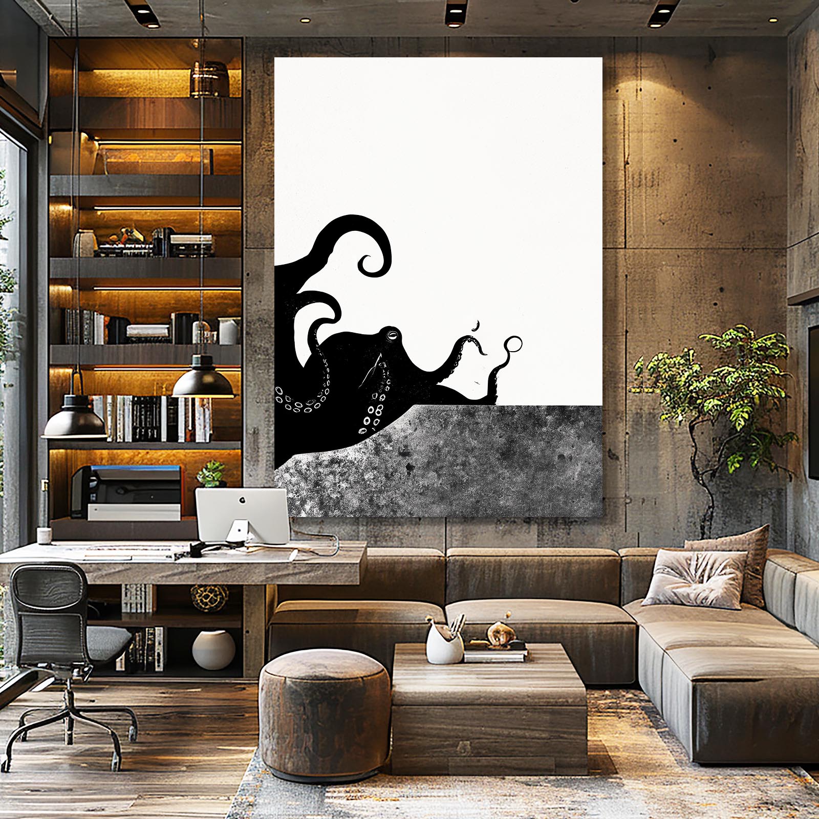 Ink Splash Halves Octopus Art – styled in a furnished interior