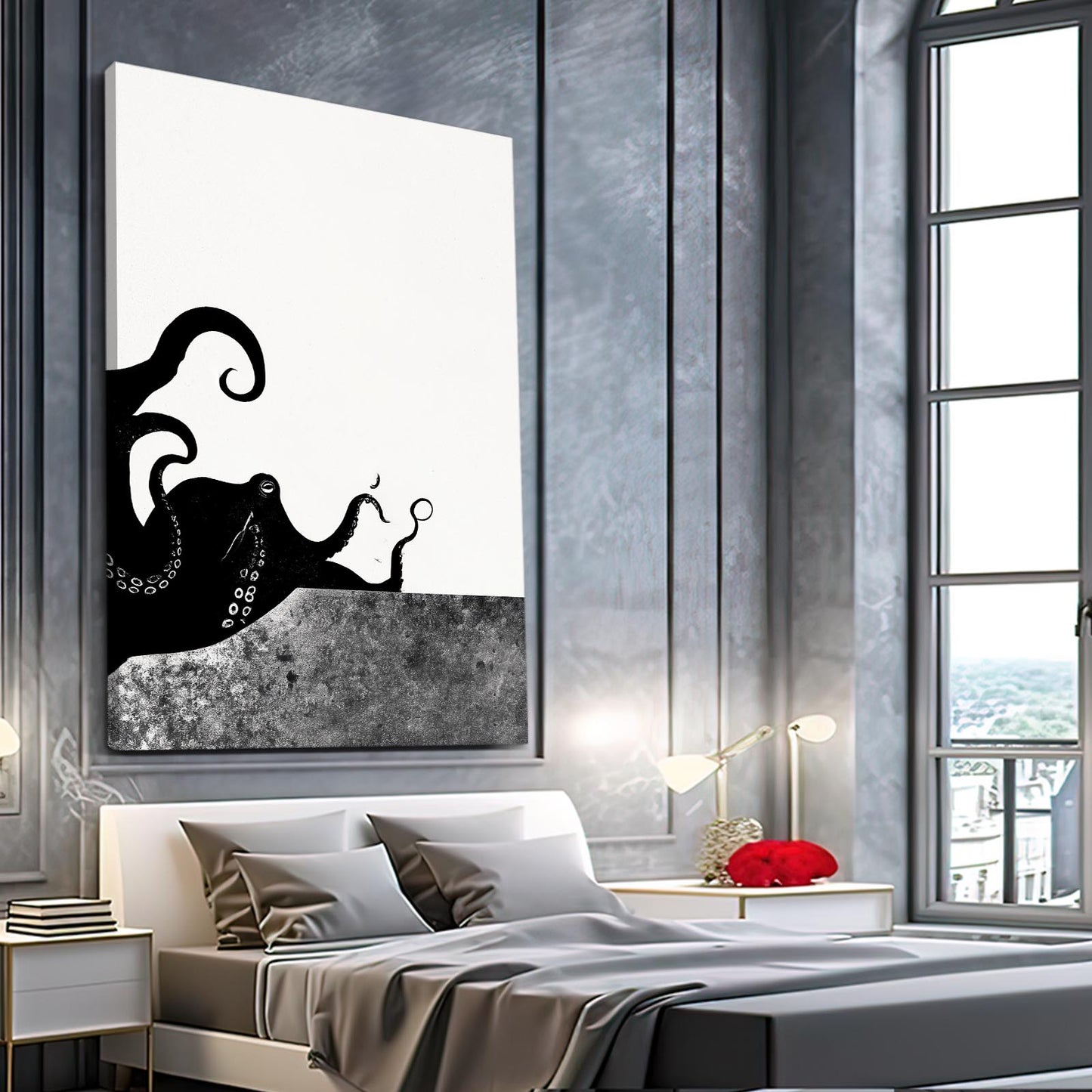 Ink Splash Halves Octopus Art – styled in a furnished interior