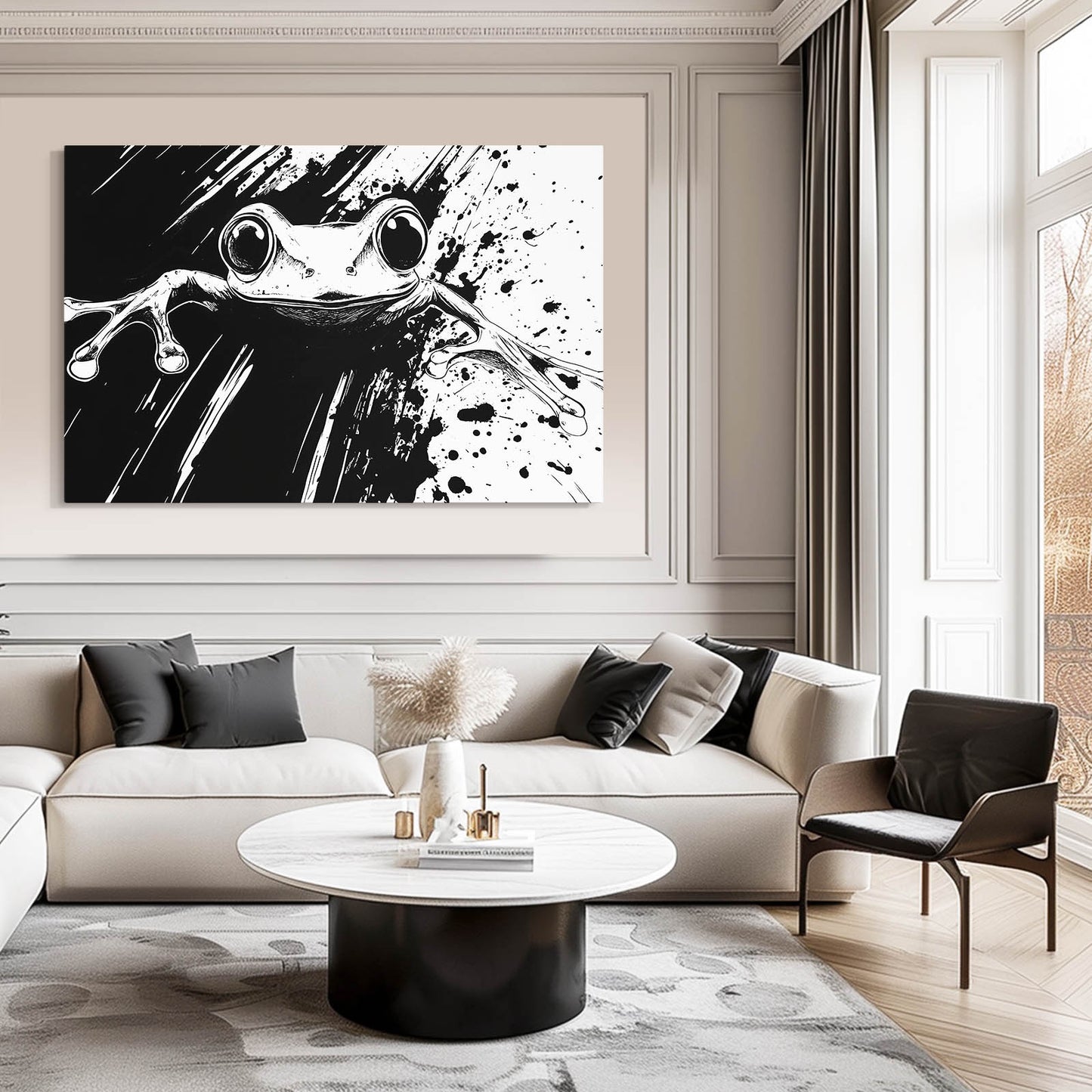 Ink Splatter Frog Wall Art – styled in a furnished interior