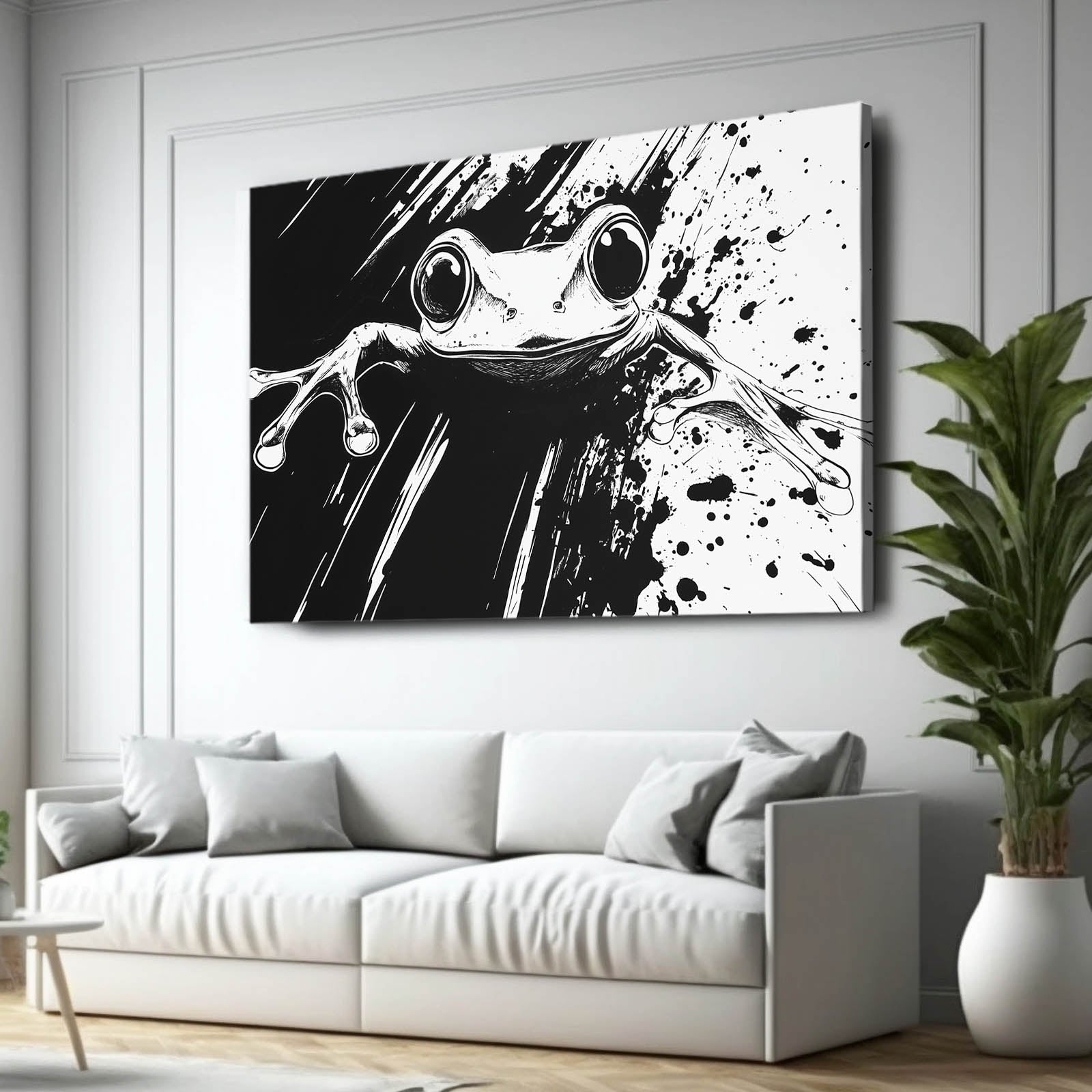 Ink Splatter Frog Wall Art – styled in a furnished interior