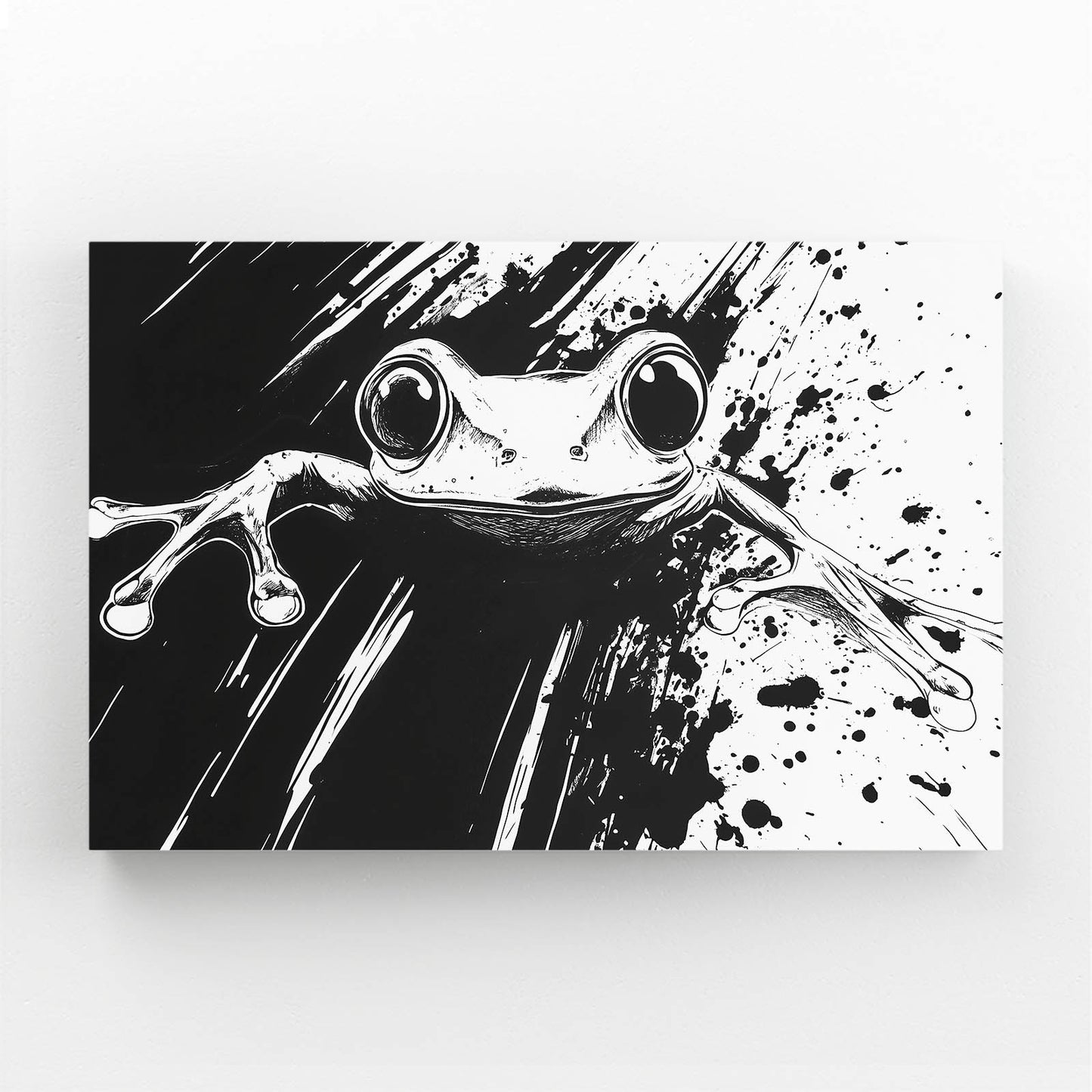 Ink Splatter Frog Wall Art – angled canvas view on white background
