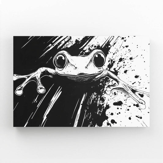 Ink Splatter Frog Wall Art – angled canvas view on white background