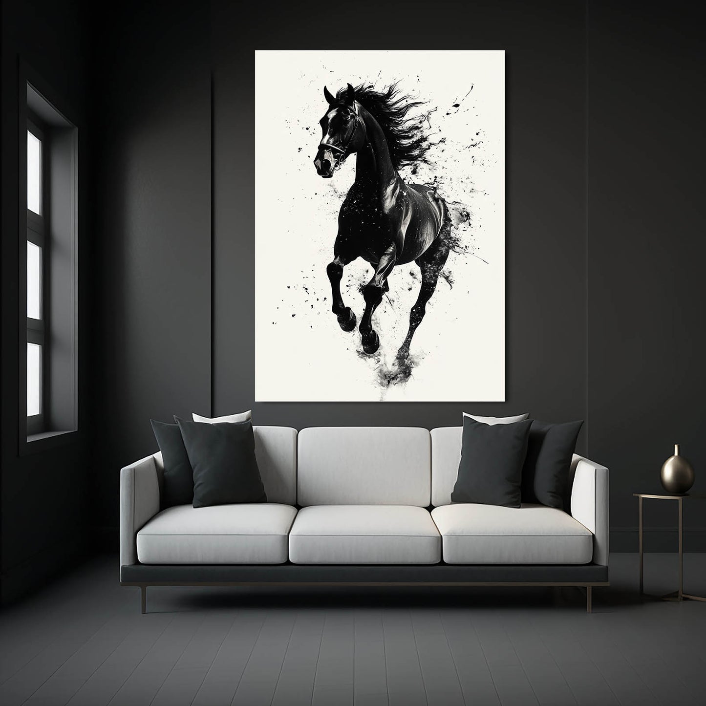 Ink Splatter Gallop Horse Art — contemporary canvas print, styled in a furnished interior