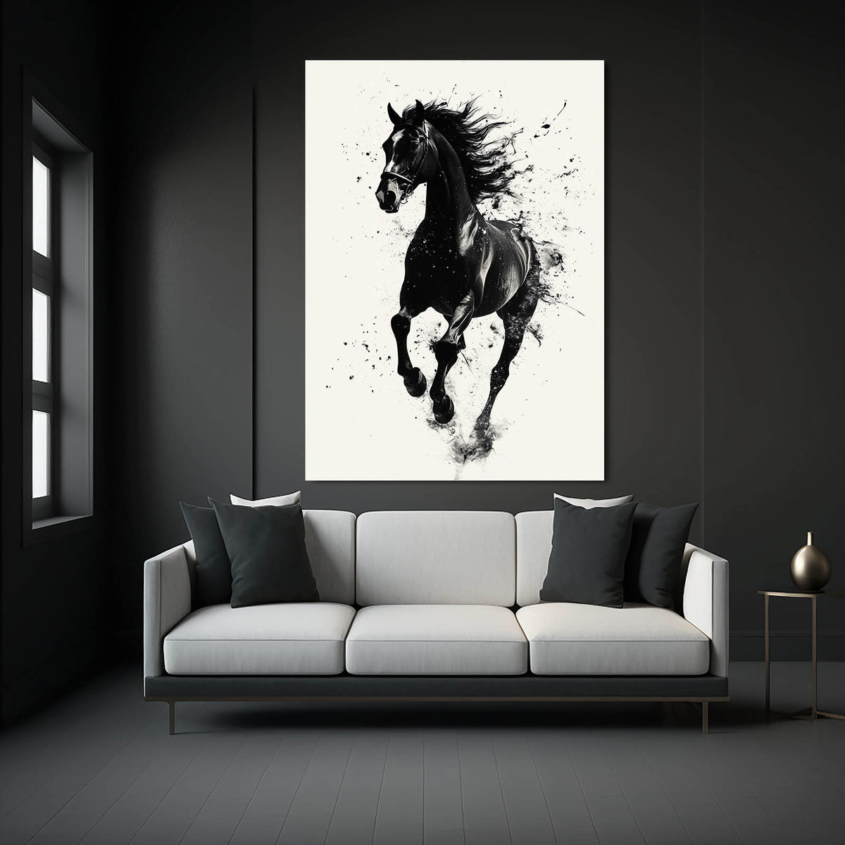 Ink Splatter Gallop Horse Art — contemporary canvas print, styled in a furnished interior