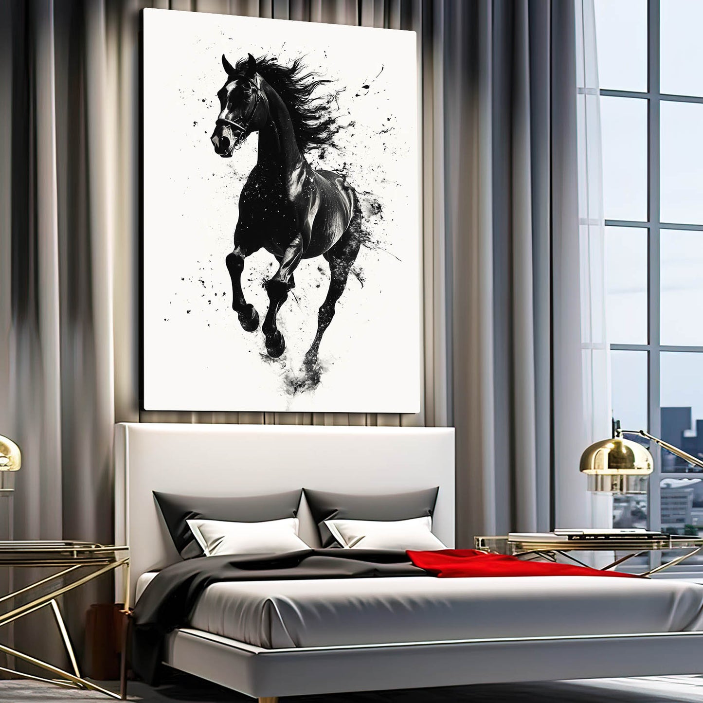 Ink Splatter Gallop Horse Art — contemporary canvas print, styled in a furnished interior