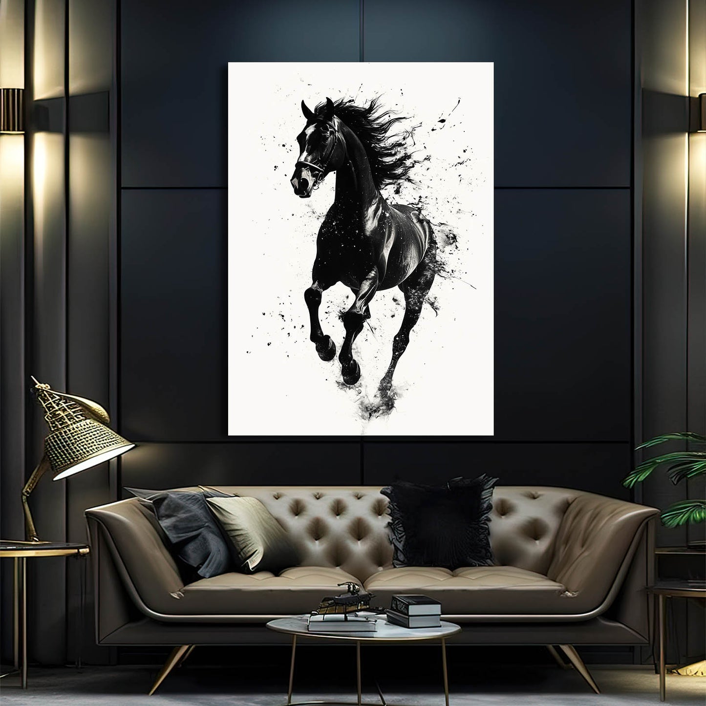 Ink Splatter Gallop Horse Art — contemporary canvas print, styled in a furnished interior