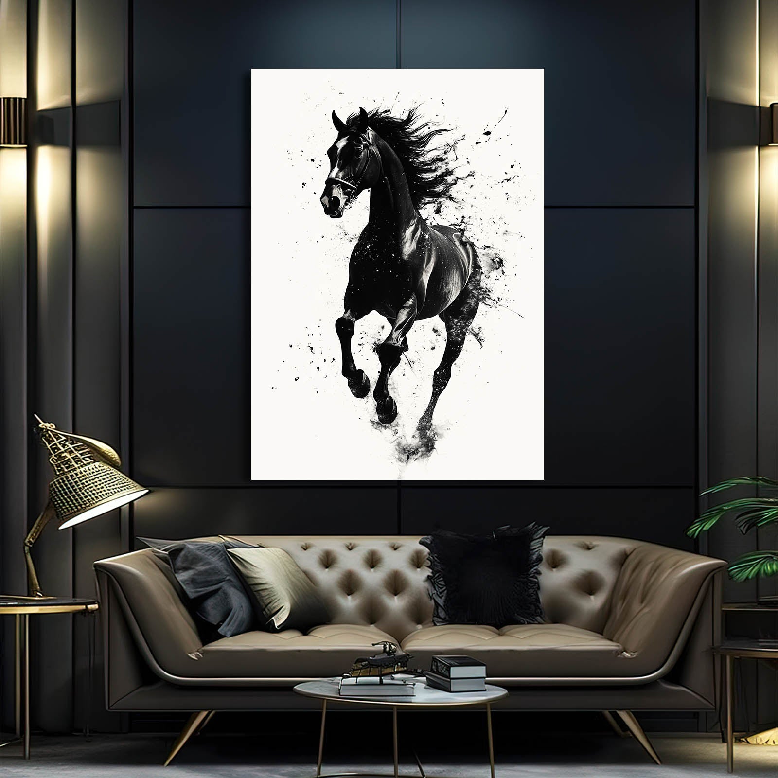 Ink Splatter Gallop Horse Art — contemporary canvas print, styled in a furnished interior