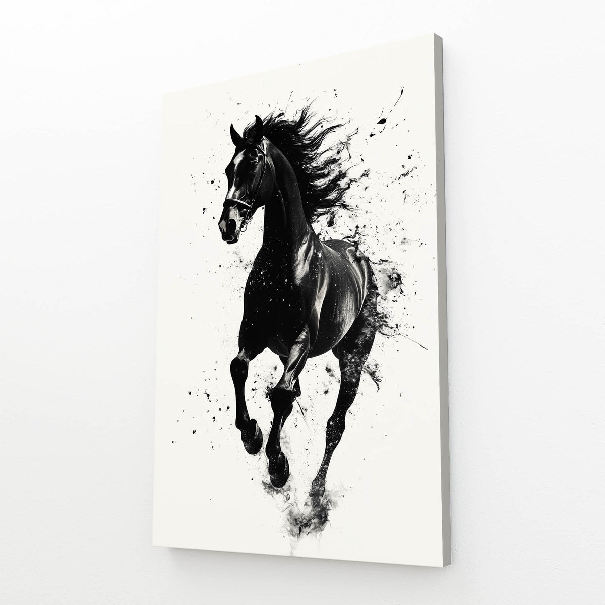 Ink Splatter Gallop Horse Art — contemporary canvas print, angled canvas view on white background