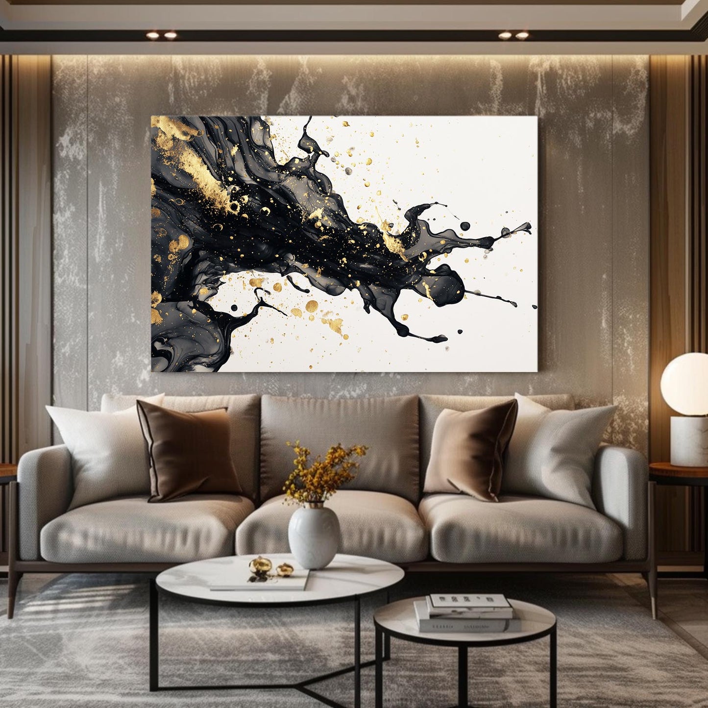 Ink Spray Gold Art – styled in a furnished interior