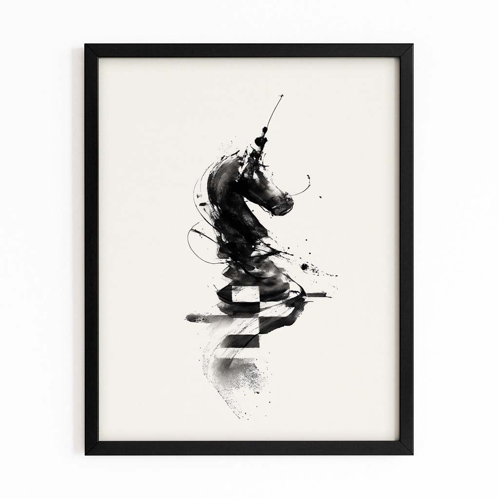 Ink Stroke Knight Chess Wall Decor – with Premium Black frame on white background