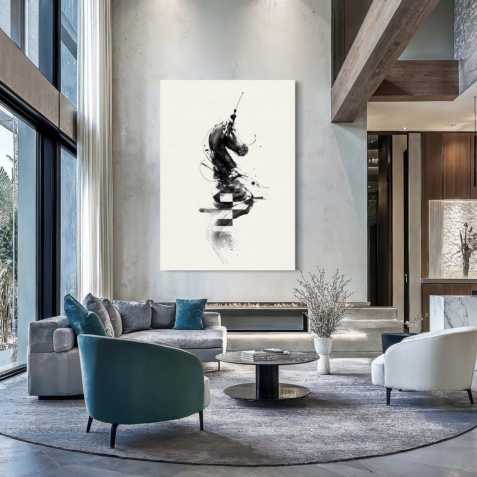 Ink Stroke Knight Chess Wall Decor – styled in a furnished interior