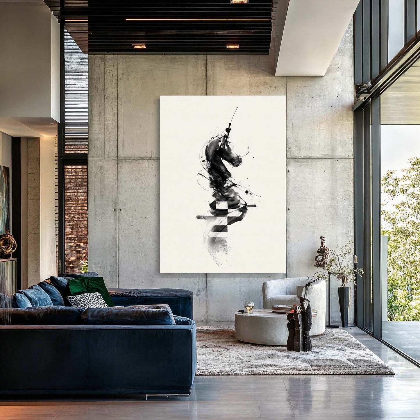 Ink Stroke Knight Chess Wall Decor – styled in a furnished interior