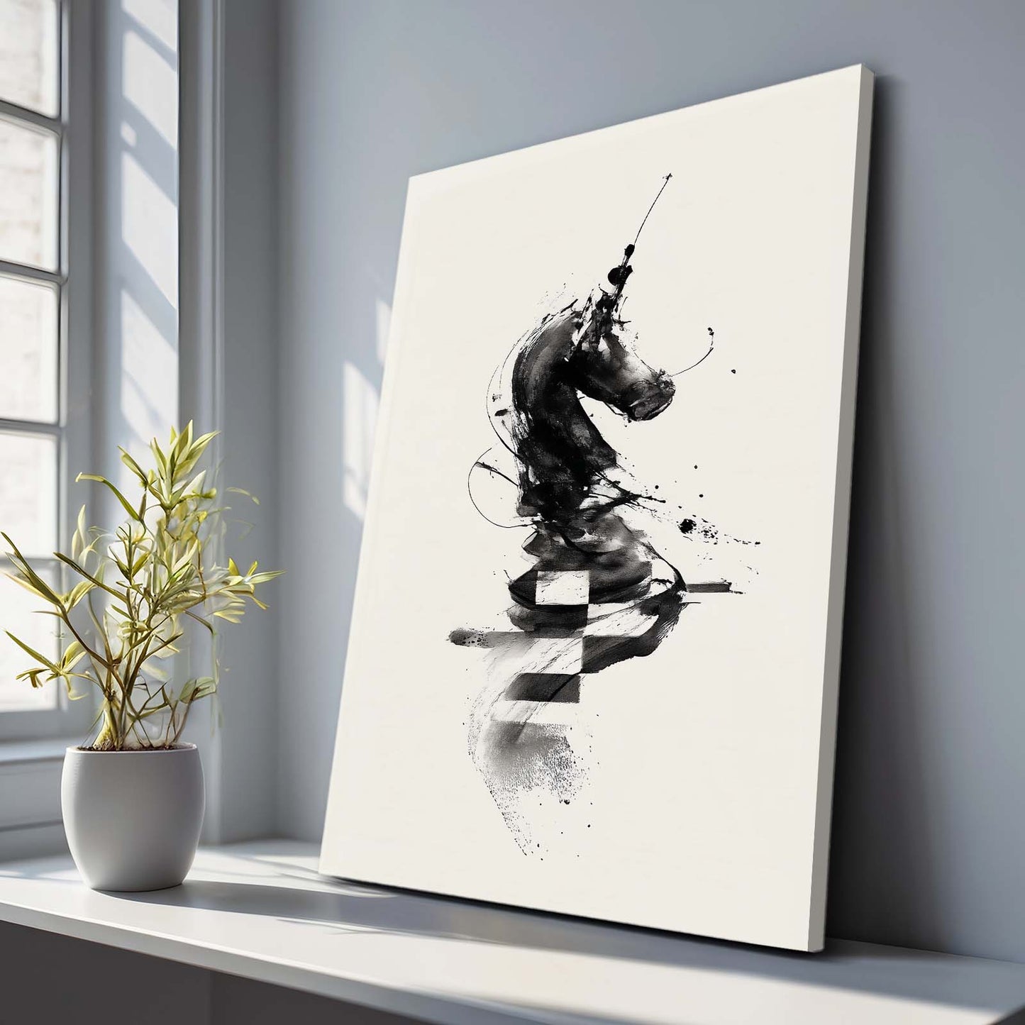 Ink Stroke Knight Chess Wall Decor – styled in a furnished interior
