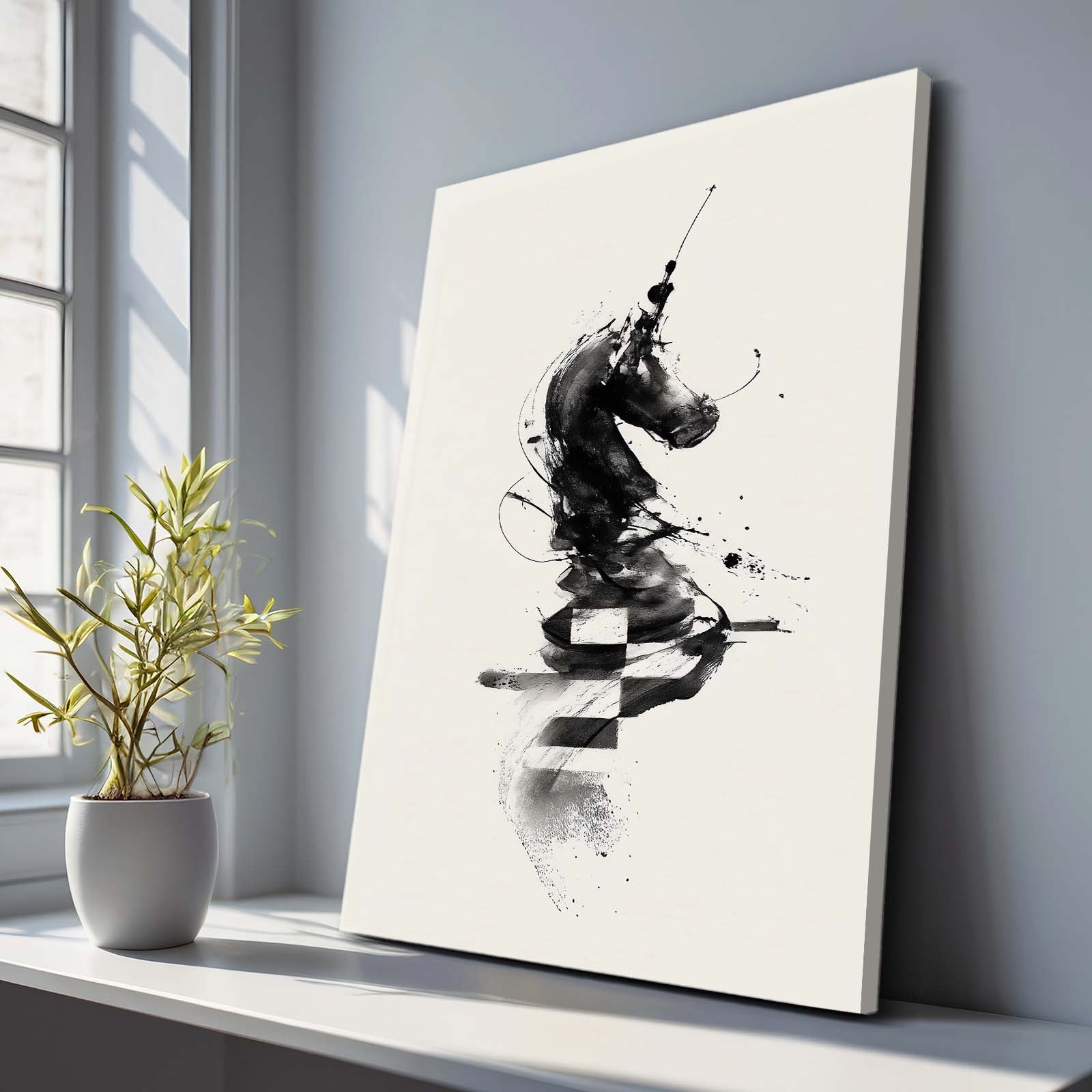 Ink Stroke Knight Chess Wall Decor – styled in a furnished interior