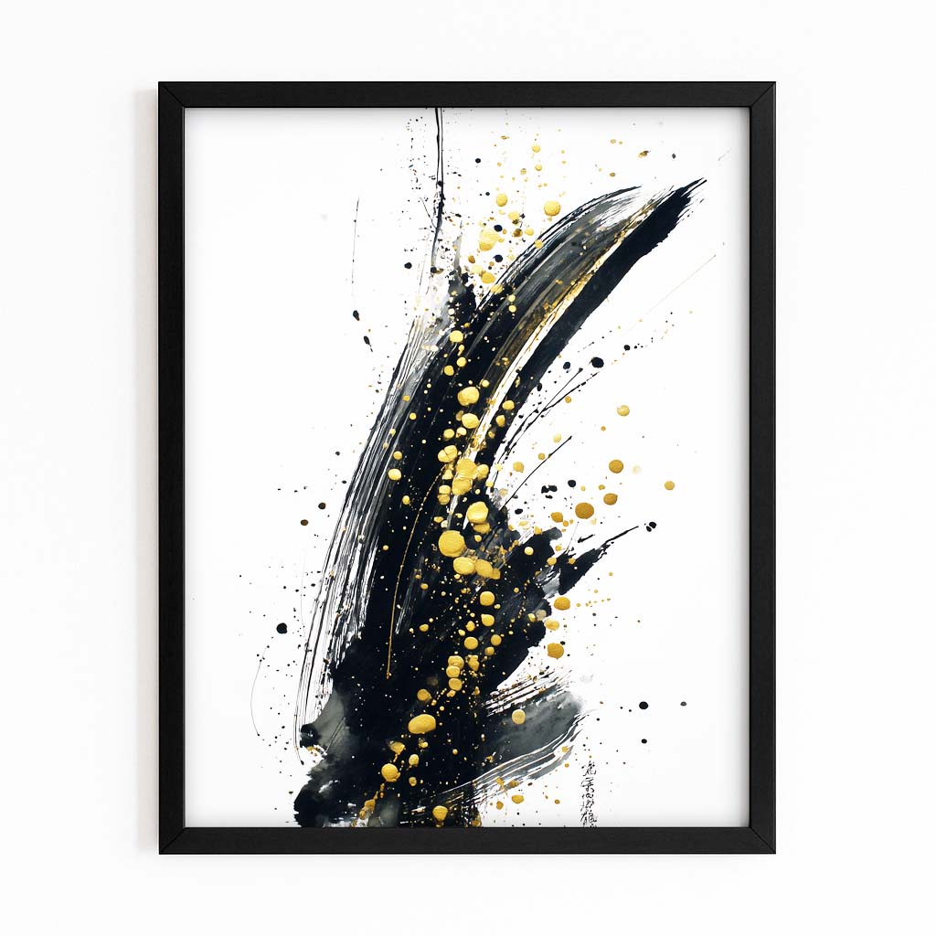 Ink Stroke Speckle Gold Art – with Premium Black frame on white background